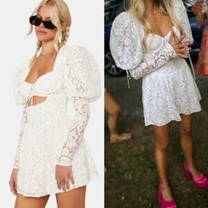 NWT For Love & Lemons Frances White Lace Puff Sleeve Mini Dress Size Medium